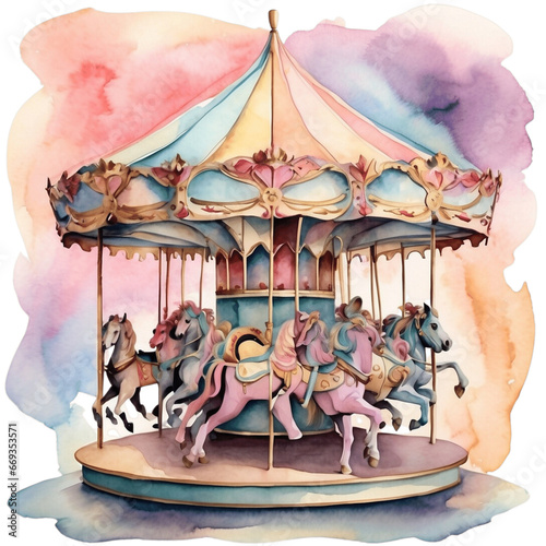 Pastel Circus Carousel watercolor. Generative AI