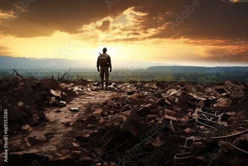 a man standing in the middle of a pile of rubble with mountains in the background and sun setting behind him © Golib Tolibov
