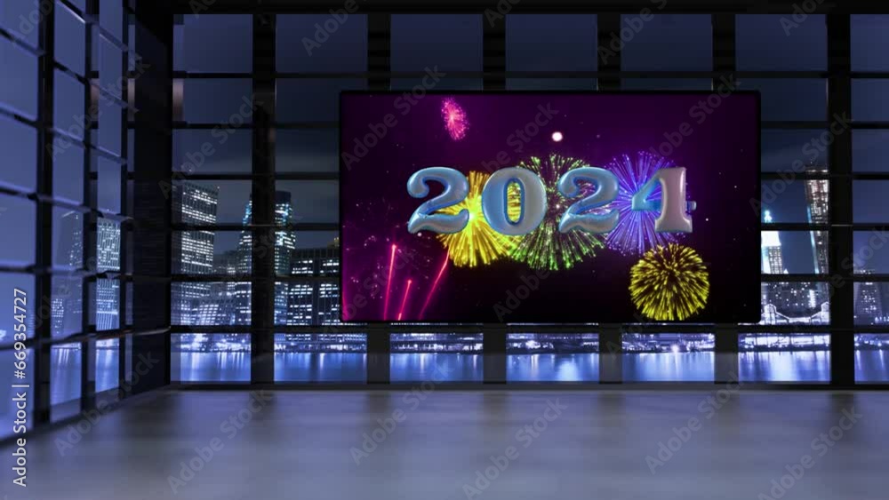 Año Nuevo. Interior de edificio mostrando pantalla gigante con fuegos artificiales y 2024 globos latiendo. A través de las ventanas se ve la ciudad iluminada por la noche con reflectores moviéndose.