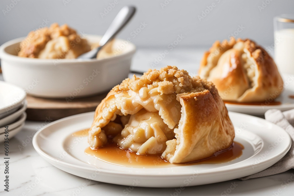 Baked apple dumpling on a white plate, Generative AI Baked apple dumpling on a white plate, Generative AI