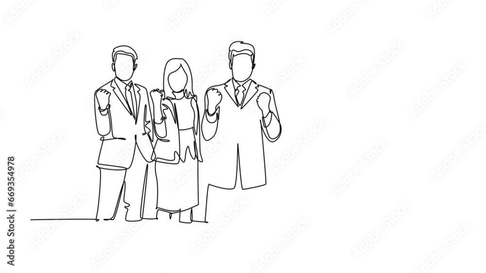 Animated self drawing of continuous line draw group of business man and business woman line up to celebrate their success achieve the business target. Team work goal. Full length single line animation Animated self drawing of continuous line draw group of business man and business woman line up to celebrate their success achieve the business target. Team work goal. Full length single line animation