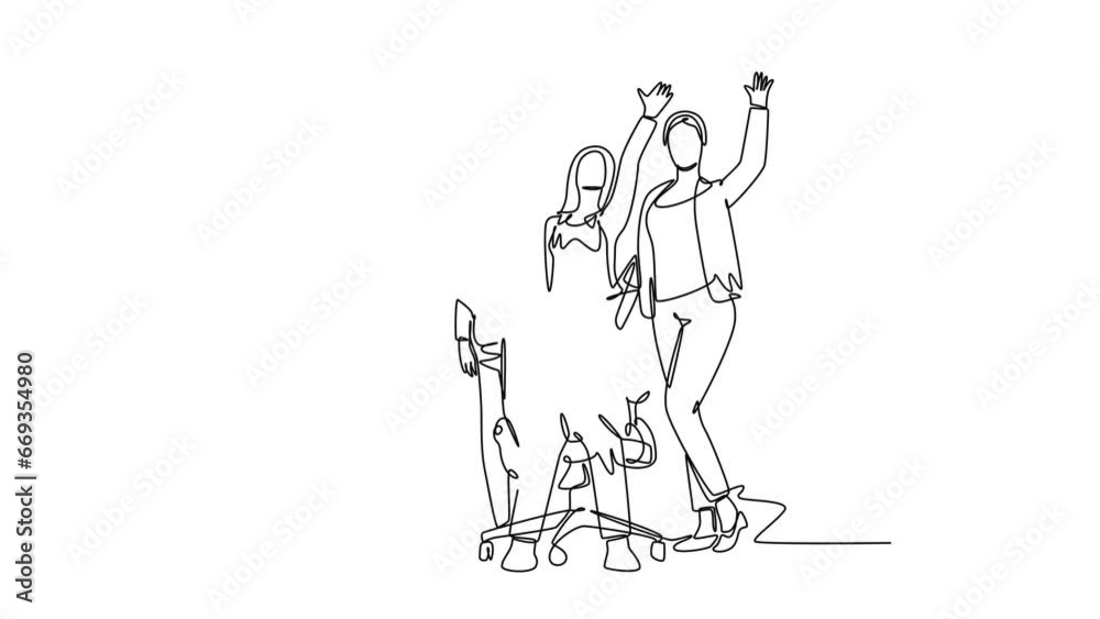 Animated self drawing of continuous line draw group male manager and pretty female manager celebrating their success achieve business target. Team work goal concept. Full length single line animation Animated self drawing of continuous line draw group male manager and pretty female manager celebrating their success achieve business target. Team work goal concept. Full length single line animation