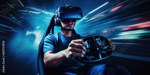 Futuristic simulator seat cockpit, man playing smart video games with VR virtual reality goggles at home, boy driving a 3D motorsport or spaceship for online e-sport, innovation concept generative ai photo