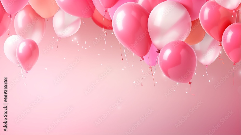 3D geometric elements and helium balloons make for a festive background. Celebrate a happy anniversary, birthday, and poster with a banner. copy the text's spacing. Vector balloon in a pink hue. 