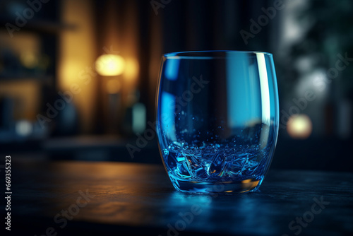 Glass of water with ice cubes on table in bar. 3d rendering