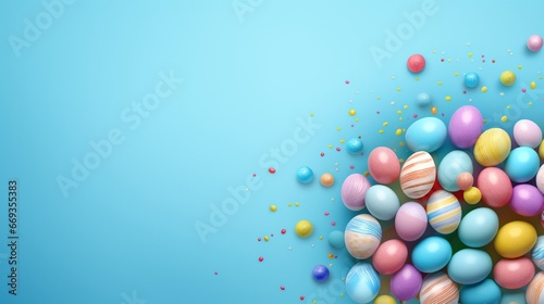 Easter banner with a festive design, suitable for a website header template. Authentic 3D design components. Spring break. A basket of Easter eggs. An aerial view. a background of blue. 