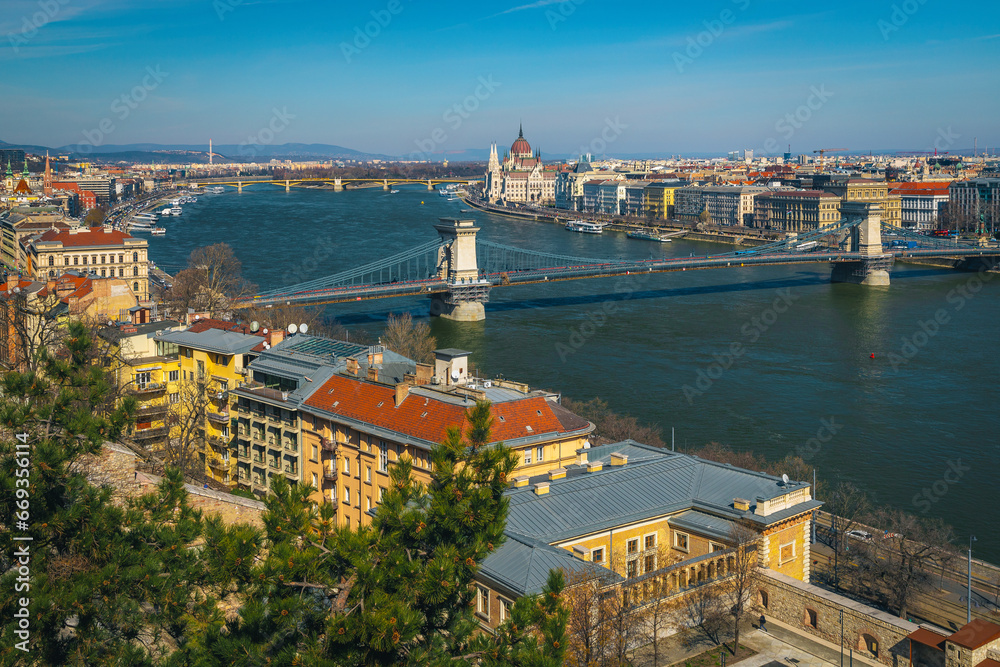 Chain bridge and beautiful buildings on the waterfront, Budapest, Hungary