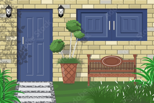 Front garden with blue door and window on yellow brick wall background.