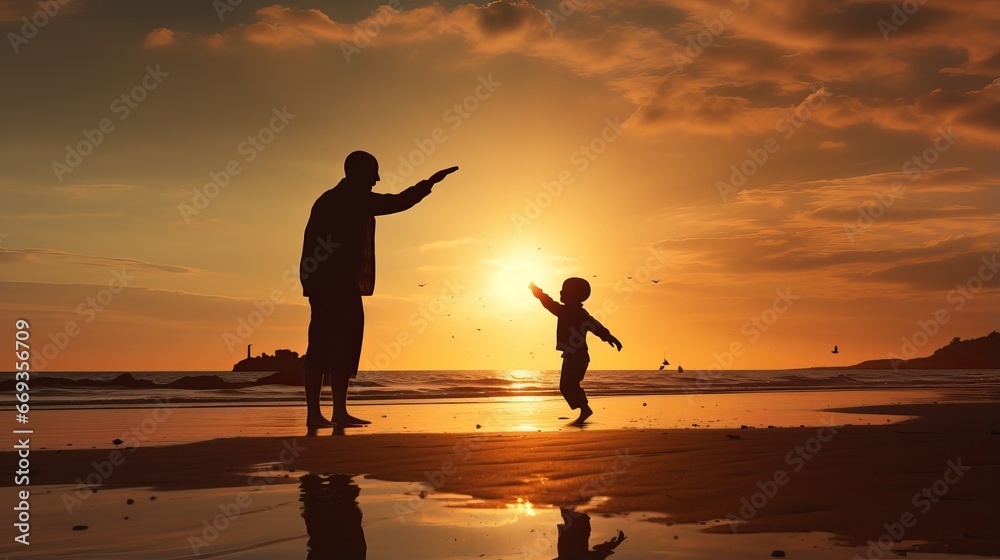 Fototapeta premium golden sunset fun: father and son bonding on the beach for father's day