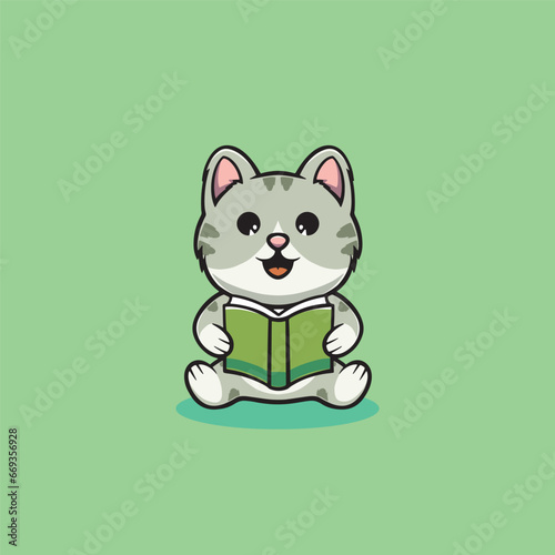Cute cat reading book cartoon illustration