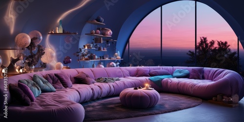 A stylish and engaging playroom, with an amethyst texture, and a blue hour lighting effect. AI Generative