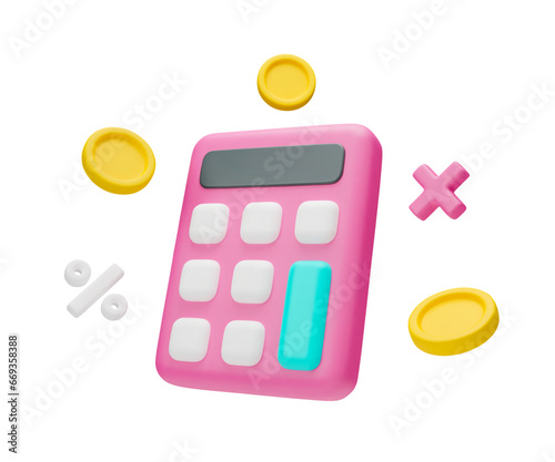 3d pink calculator and falling golden coins, financial management, accounting concept. Bookkeeping, budget, debit, credit calculations, financial calculation realistic vector illustration