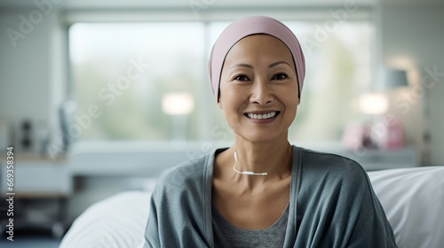 Portrait of the patient woman after chemotherapy female cancer patient wearing head scarf 