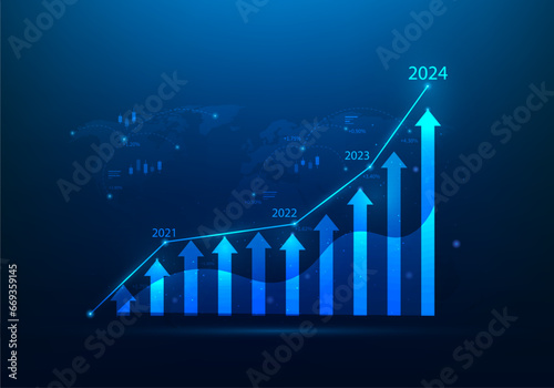 business trading graph investment growth 2024 year on blue background. economy world chart trading technology. global trend arrow up. vector illustration digital low poly fantastic design.