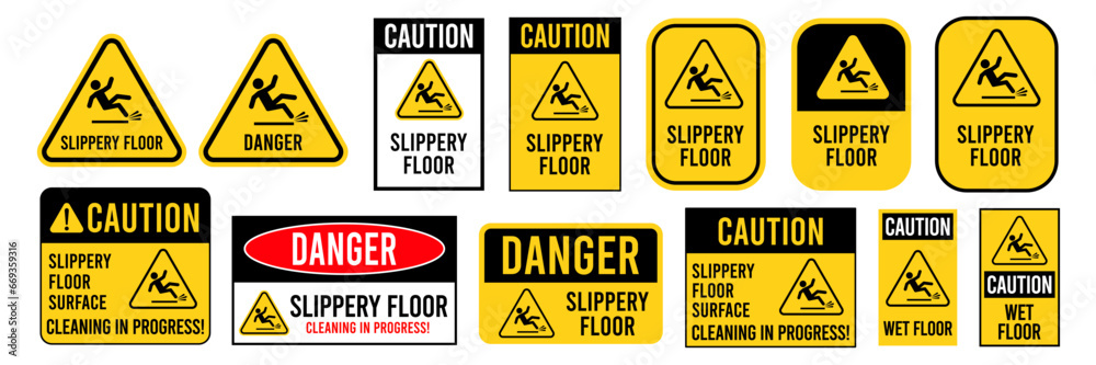 Hazard slippery surface wet floor sign, vector illustration isolated on white background. - obrazy, fototapety, plakaty 