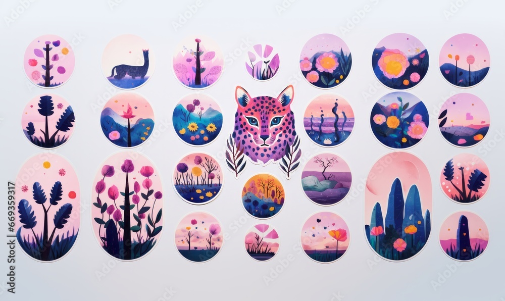 Sticker Set, Watercolor Icons, rounded, circles, pretty pastel colours, feminine art, boho, bohemian, botanical art, abstract mini paintings, sweet scenes, little landscapes, pinks, oranges, purples