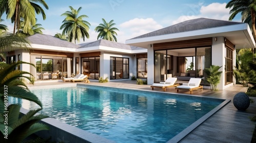 home or house building Exterior and interior design showing tropical pool villa with green garden and bedroom © Muhammad