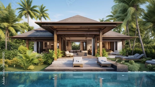 home or house building Exterior and interior design showing tropical pool villa with green garden and bedroom © Muhammad
