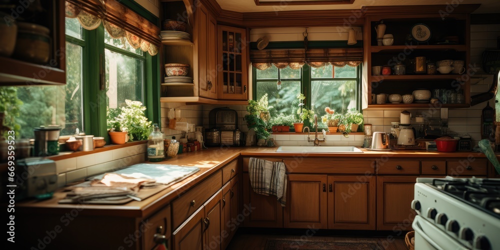 a cozy and rustic kitchen with a farmhouse sink, wooden cabinets, and a vintage-inspired stove. AI Generative a cozy and rustic kitchen with a farmhouse sink, wooden cabinets, and a vintage-inspired stove. AI Generative