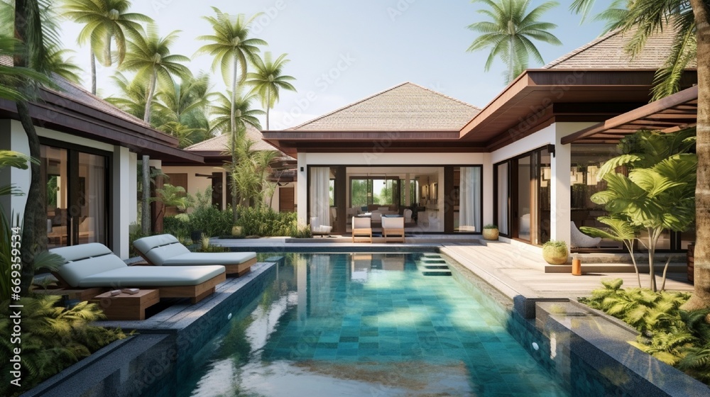 residence or home Tropical pool with lush garden and sun lounger