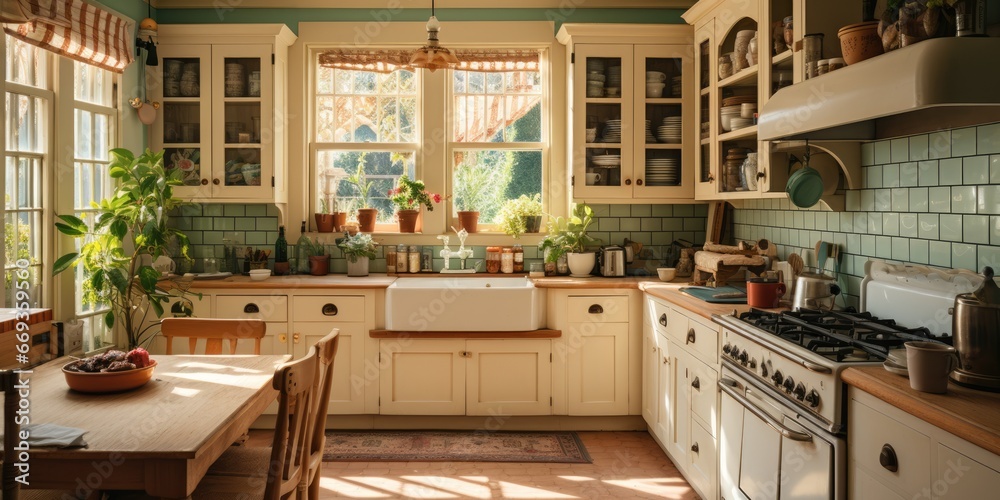 a cozy and rustic kitchen with a farmhouse sink, wooden cabinets, and a vintage-inspired stove. AI Generative a cozy and rustic kitchen with a farmhouse sink, wooden cabinets, and a vintage-inspired stove. AI Generative