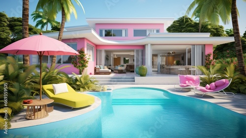 residence or home Tropical pool with lush garden, sunbed, umbrella, pool towels, and vibrant floating unicorn