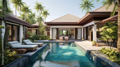 residence or home Tropical pool with lush garden and sun lounger © Muhammad