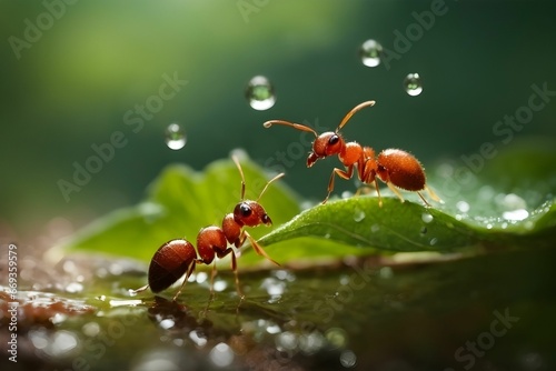 An AI illustration of ants are walking on green leaf covered with water drops and rain photo
