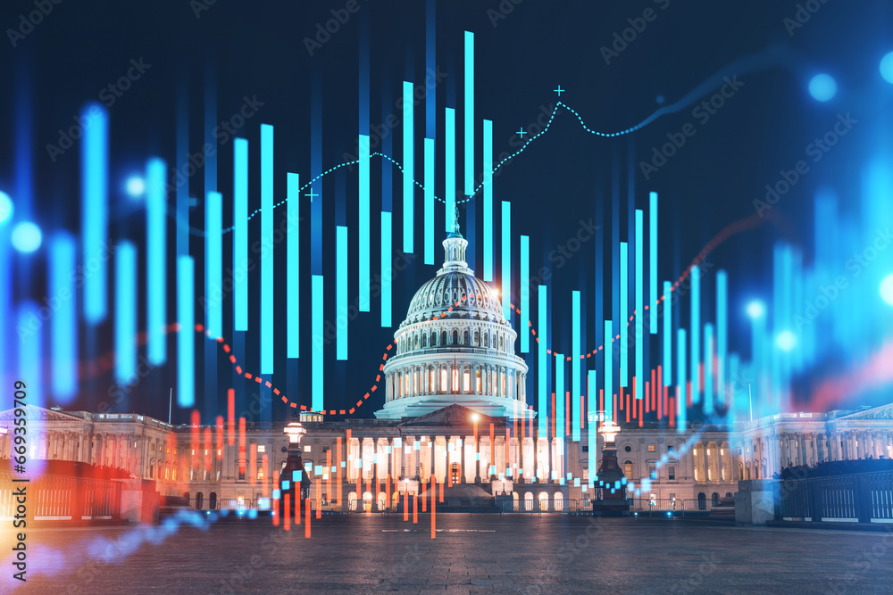 Skyscrapers Cityscape Downtown View, Washington Skyline Buildings. Beautiful Real Estate. Night time. Forex Financial graph and chart hologram. Business education concept. - obrazy, fototapety, plakaty 
