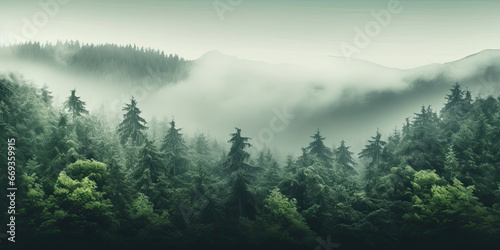 Misty fog woodland forest woods minimal wide background, generated ai