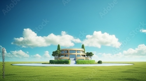 Hotel on earth and lawn grass in real estate sale or property investment concept. 3d illustration 