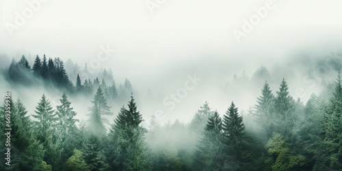 Misty fog woodland forest woods minimal wide background, generated ai