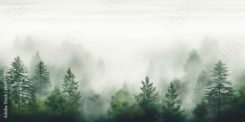 Misty fog woodland forest woods minimal wide background, generated ai