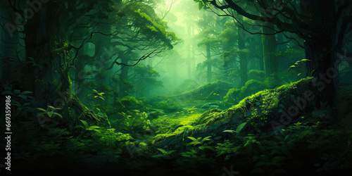 Forest woodland trees background backdrop nature wide banner, generated ai