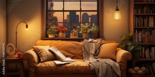 a cozy reading nook with a built-in window seat, plush cushions, and a vintage reading lamp. AI Generative