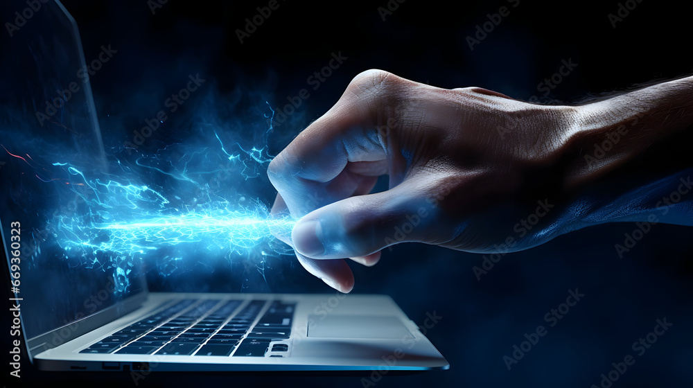 person typing on laptop, electric beam  finger to laptop, Fast data transfer - obrazy, fototapety, plakaty 