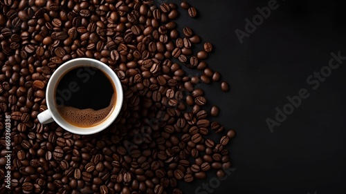 Aerial View of Freshly Ground Coffee in a Cup Resting on a Bed of Coffee Beans Against a Dark Background - Start Your Day with Caffeine for a Burst of Morning Energy