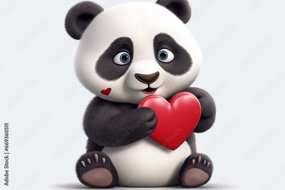 Cute panda holding a red heart, 3d rendering. Cute panda holding a red heart, 3d rendering.