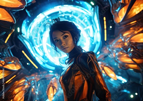 A fish-eye shot of an actress in a futuristic costume  surrounded by futuristic props