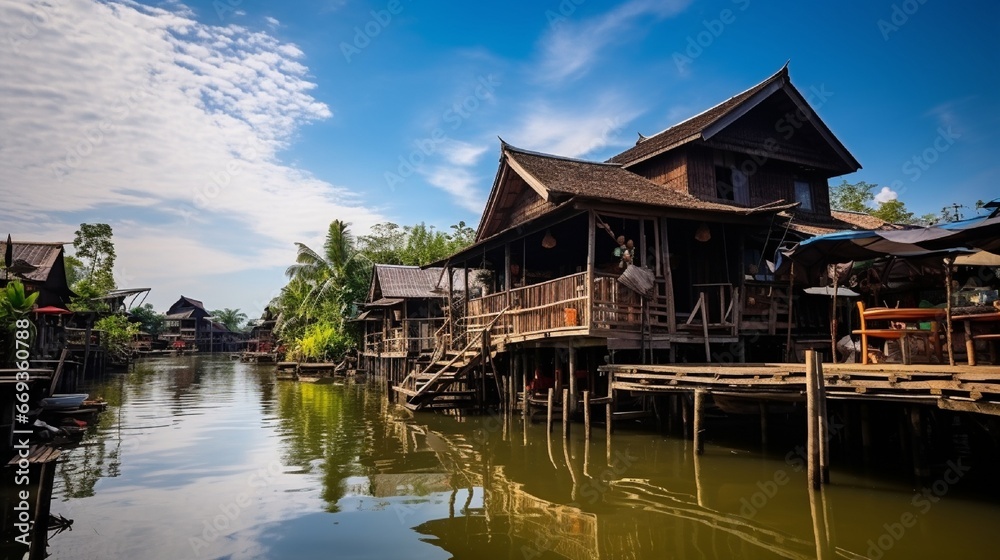 old wooden house build in Thai traditional style on the bank of the lake as a local market for tourism purpose.