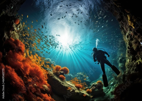 A fish-eye view of an explorer diving into a crystal-clear underwater cave