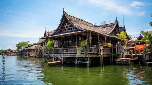 old wooden house build in Thai traditional style on the bank of the lake as a local market for tourism purpose.
