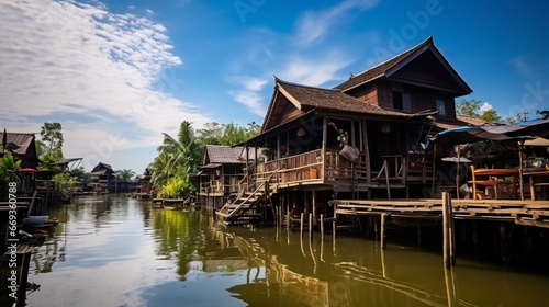old wooden house build in Thai traditional style on the bank of the lake as a local market for tourism purpose. © Muhammad