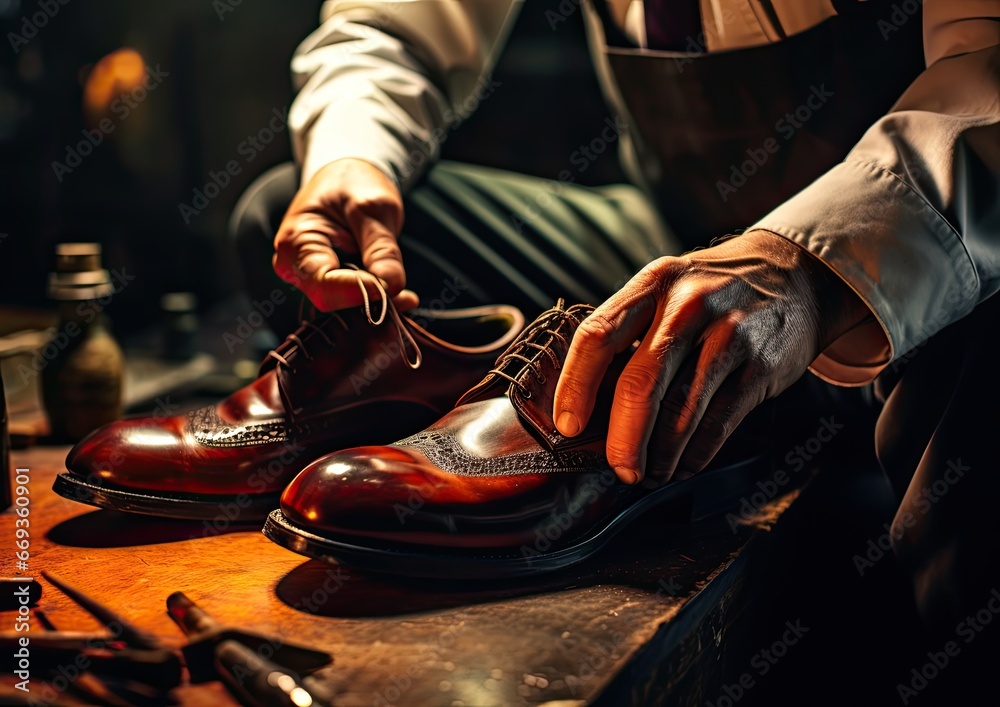 A high-angle shot of a cobbler's hands carefully applying dye to a leather shoe A high-angle shot of a cobbler's hands carefully applying dye to a leather shoe