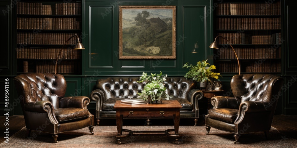 a masculine den with leather armchairs, dark wood paneling, and a vintage bar cart. AI Generative - obrazy, fototapety, plakaty 