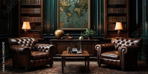a masculine den with leather armchairs, dark wood paneling, and a vintage bar cart. AI Generative © Horsi