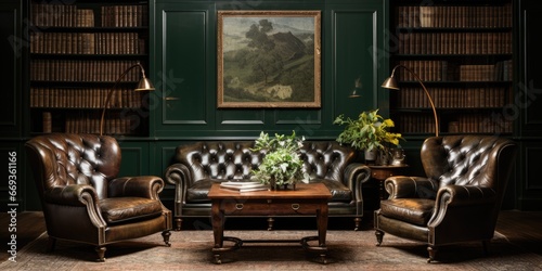 a masculine den with leather armchairs, dark wood paneling, and a vintage bar cart. AI Generative © Horsi