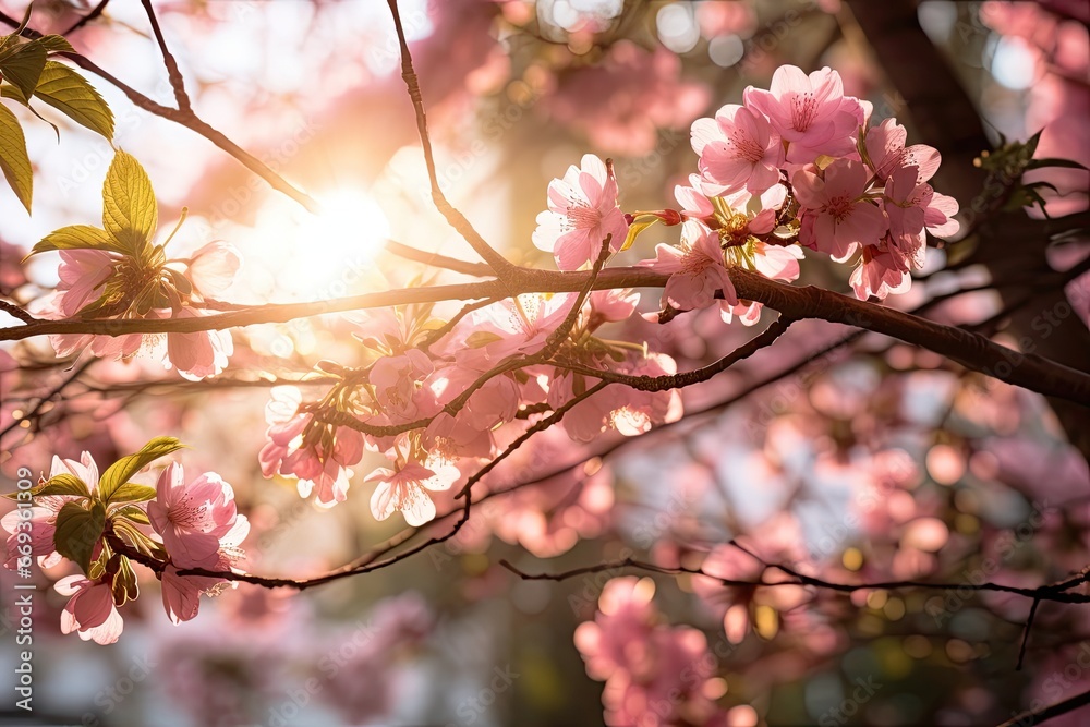 cherry blossom in spring time with sun rays and lens flare, Spring blossoms and beautiful cherry tree branches with pink sakura flowers and sunbeams coming through the tree branches, AI Generated