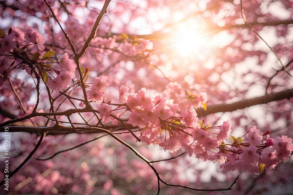 Cherry blossom or sakura in spring time with sun light, Spring blossoms and beautiful cherry tree branches with pink sakura flowers and sunbeams coming through the tree branches, AI Generated