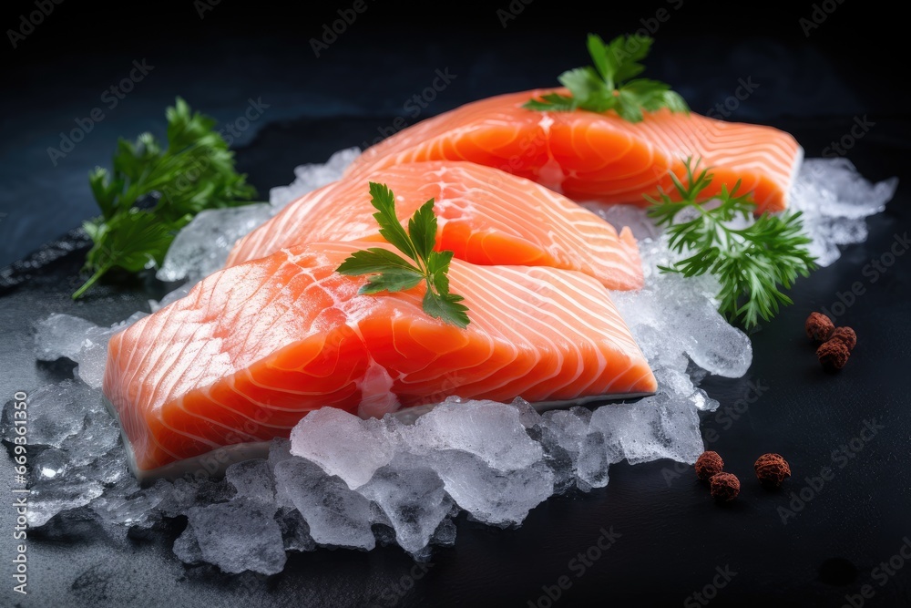 Fresh raw salmon fillets with parsley and ice on black background, Steaks of raw salmon on ice on a blue slate, AI Generated